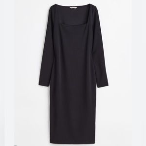 H&M Long Sleeve Black Midi Dress with Square Neckline, Size 3X